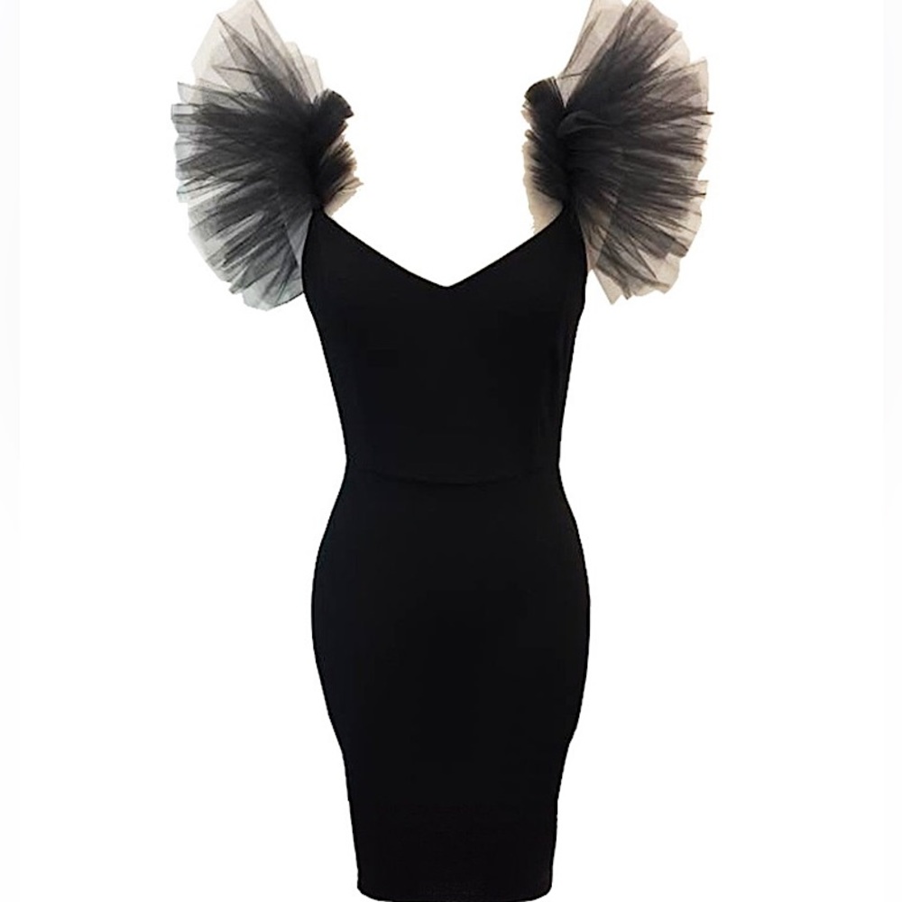 JUST DROPPED #28 Ruffled Mesh Shoulder Black Bodycon Dress XS S - Picture 3 of 8